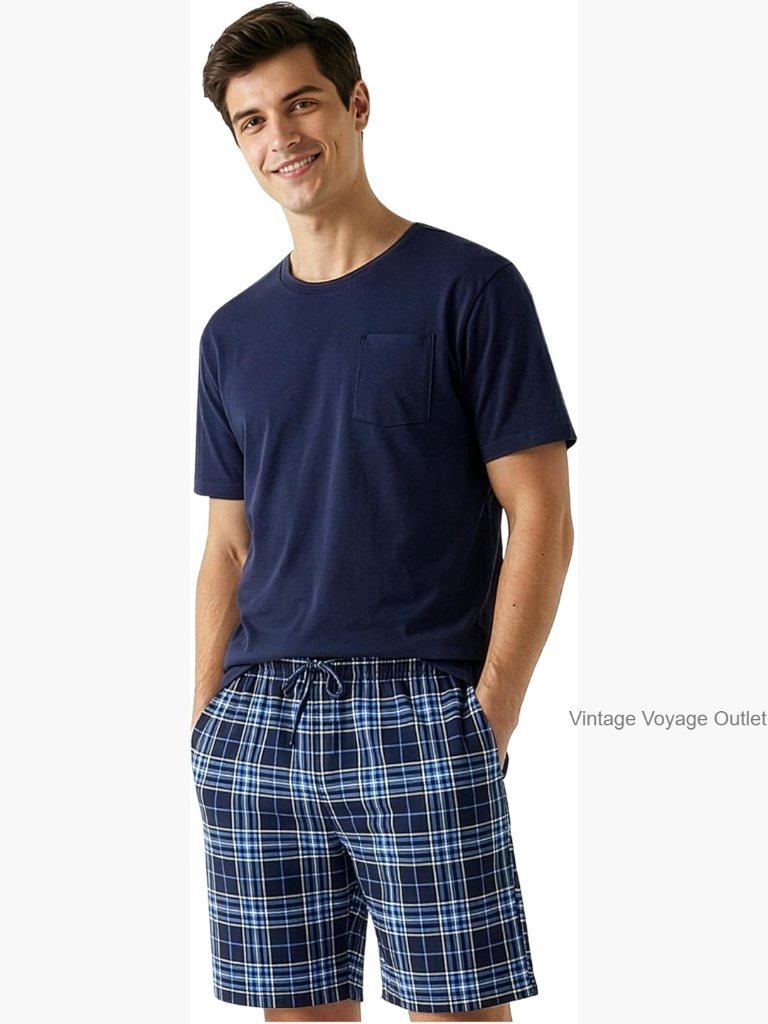 Men's Cotton Pajama Set 2-Piece Short Sleeve Tee & Shorts With Pockets Lounge